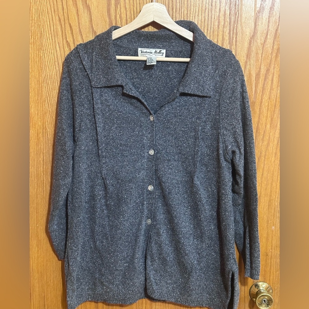 Victoria Holley silk angora  Gray Button-Up Cardigan sweater women’s sz xl BIN I